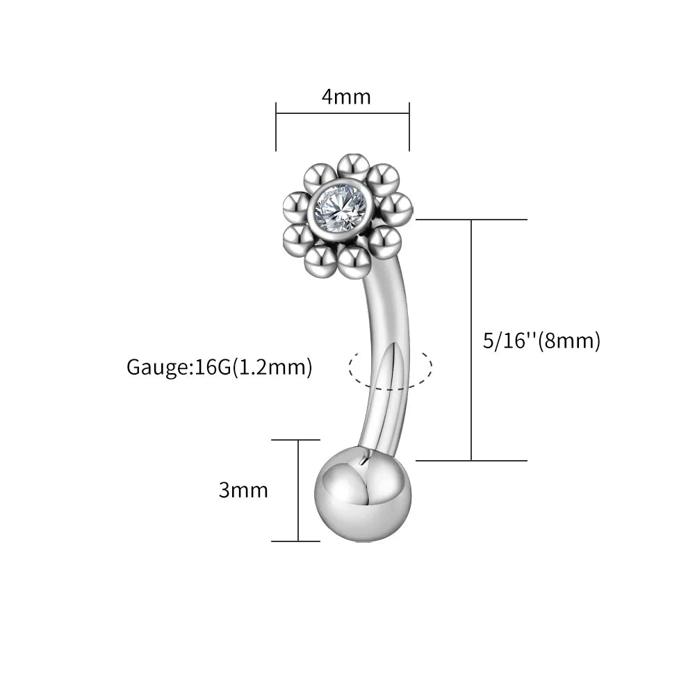 Right Grand ASTM F136 Titanium Mini CZ Flower Rook Earring 16G Curved Barbell Labret Stud Eyebrow Cartilage Tragus Body Piercing