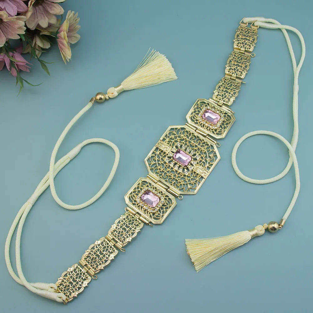 Sunspicems Gold Color Morocco Caftan Belt Hand Rope Chain Tassels Arabic Women Wedding Jewelry Bridal Dress Charm Waist Bijoux